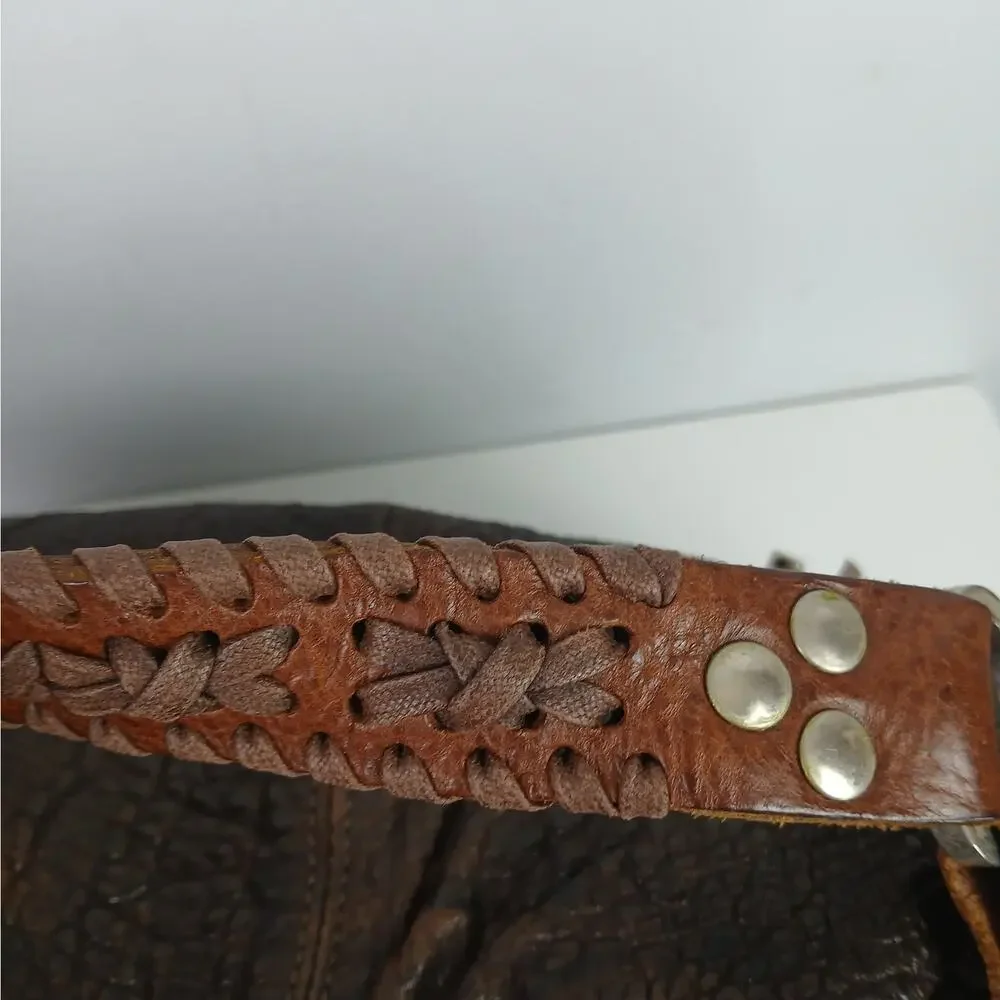 Sundance Textured Crinkled Calfskin Leather Satchel Brown Braided Handle Fringe